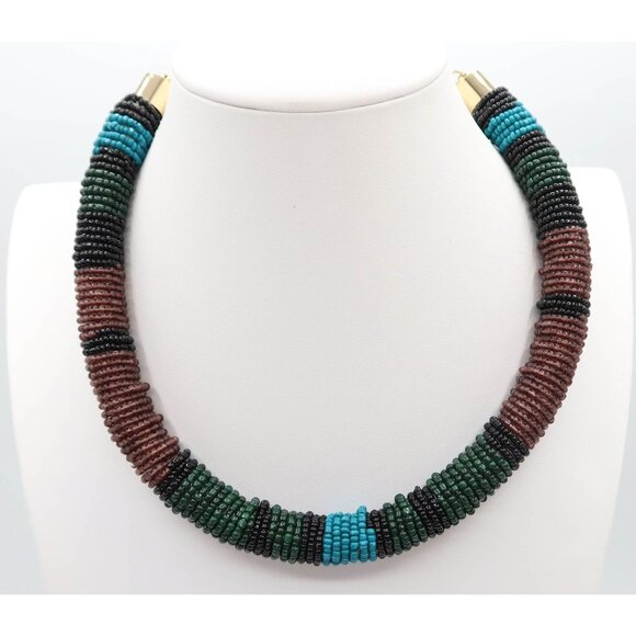 TALBOTS Seed Bead Wrapped Chunky Necklace w/ Gold Tone Chain Teal Black Brown - Picture 1 of 6